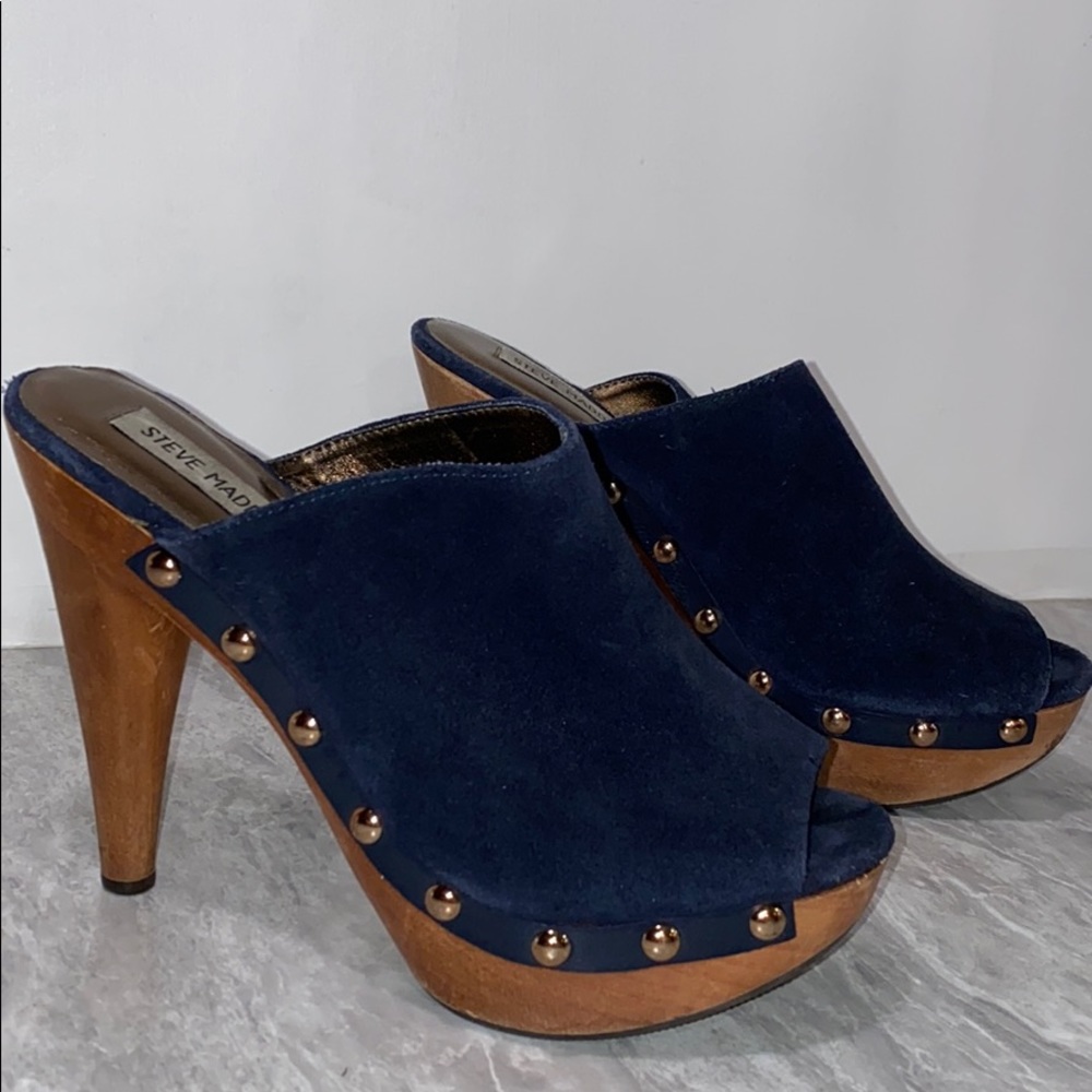 Steve Madden navy blue open toe mule leather heels